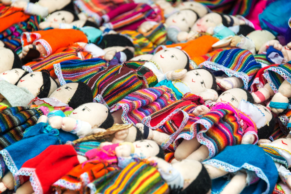Souvenir dolls for sale in traditional clothing in Otavalo, Ecuador